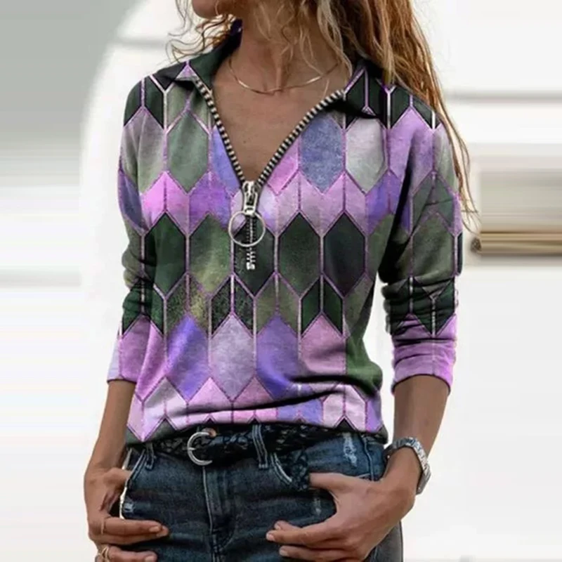 

New Fall Women's Shirt Fashion Printed V-Neck T-Shirt Casual Top Long Sleeve Zipper Slim Elegant Street Wear Women Tops 2020