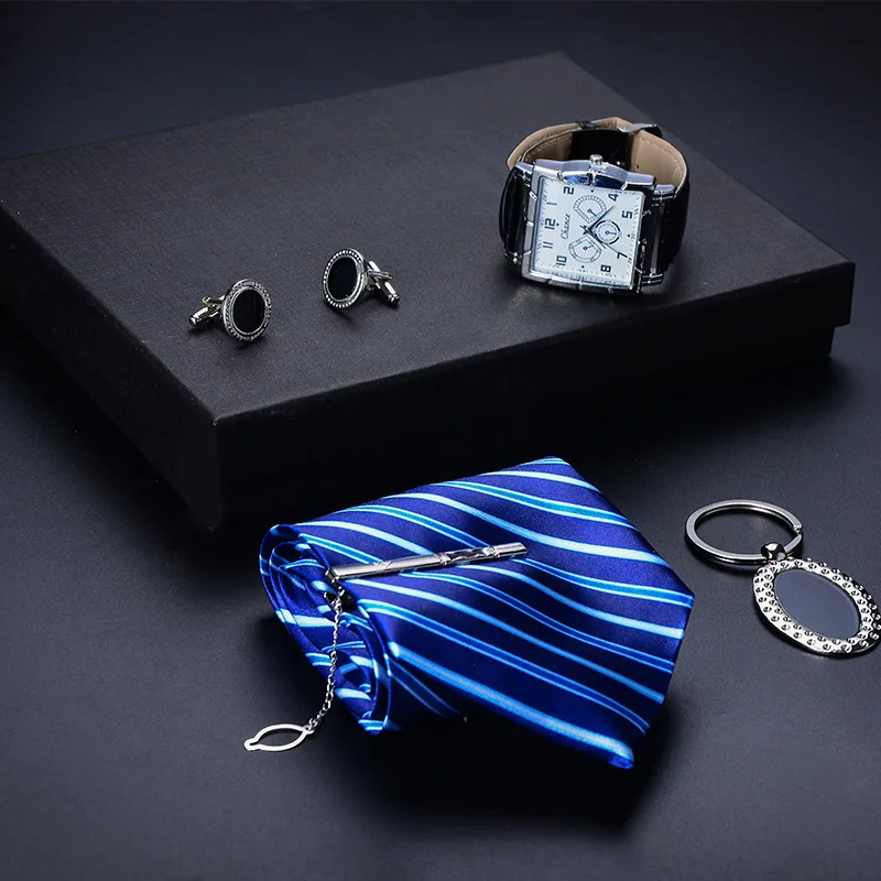 Мужские 8 см галстук 4 шт. бизнес часы запонки очки ручки в полоску жаккардовый