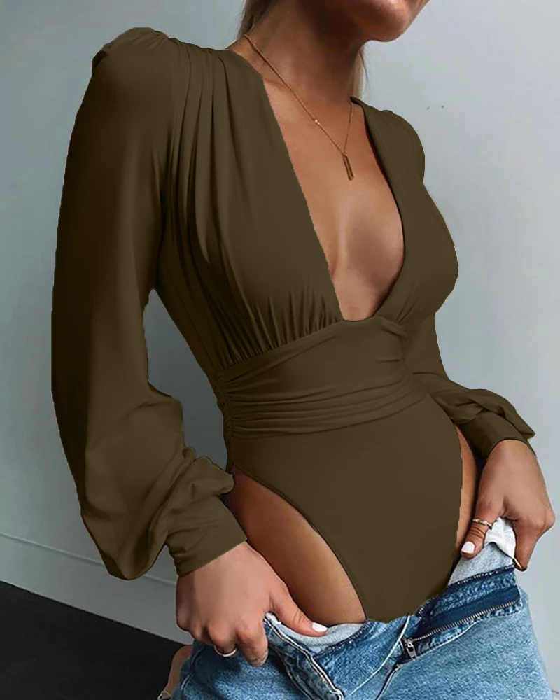 Sexy Women Bodysuit Long Sleeve Deep V Neck Bodycon Stretch Leotard Crop Top Button Short Romper Pajamas Women Jumpsuit Overalls