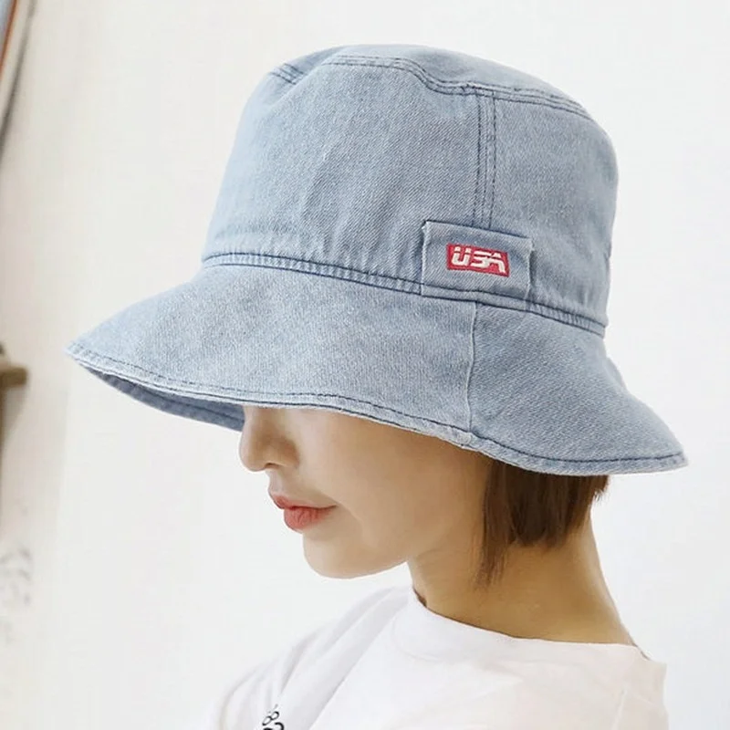 2021 New Japanese Denim Fisherman Hat Panama Bucket Hats Spring Summer Outdoor Women Fashion Letter Embroidery Sun Hat