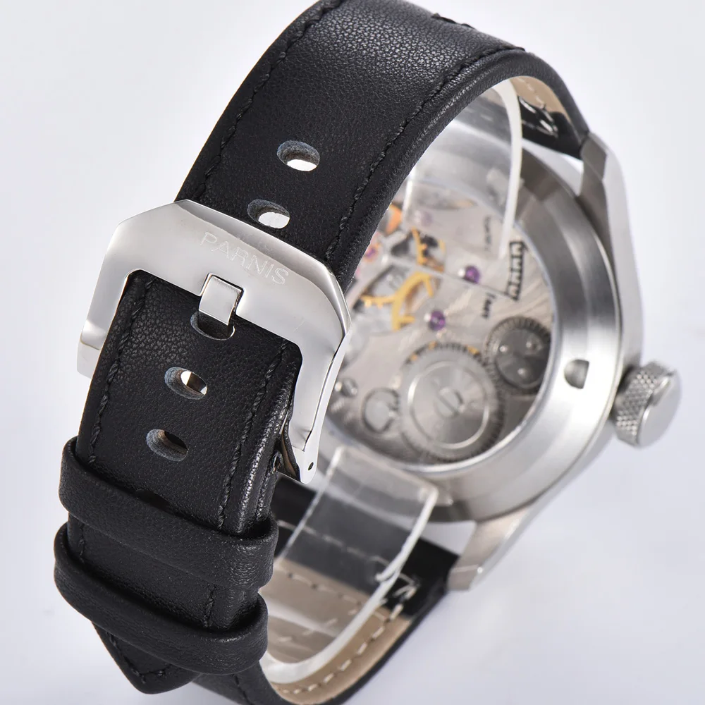 

46mm parnis black dial 6498 movement hand winding mechanical mens luxury watch