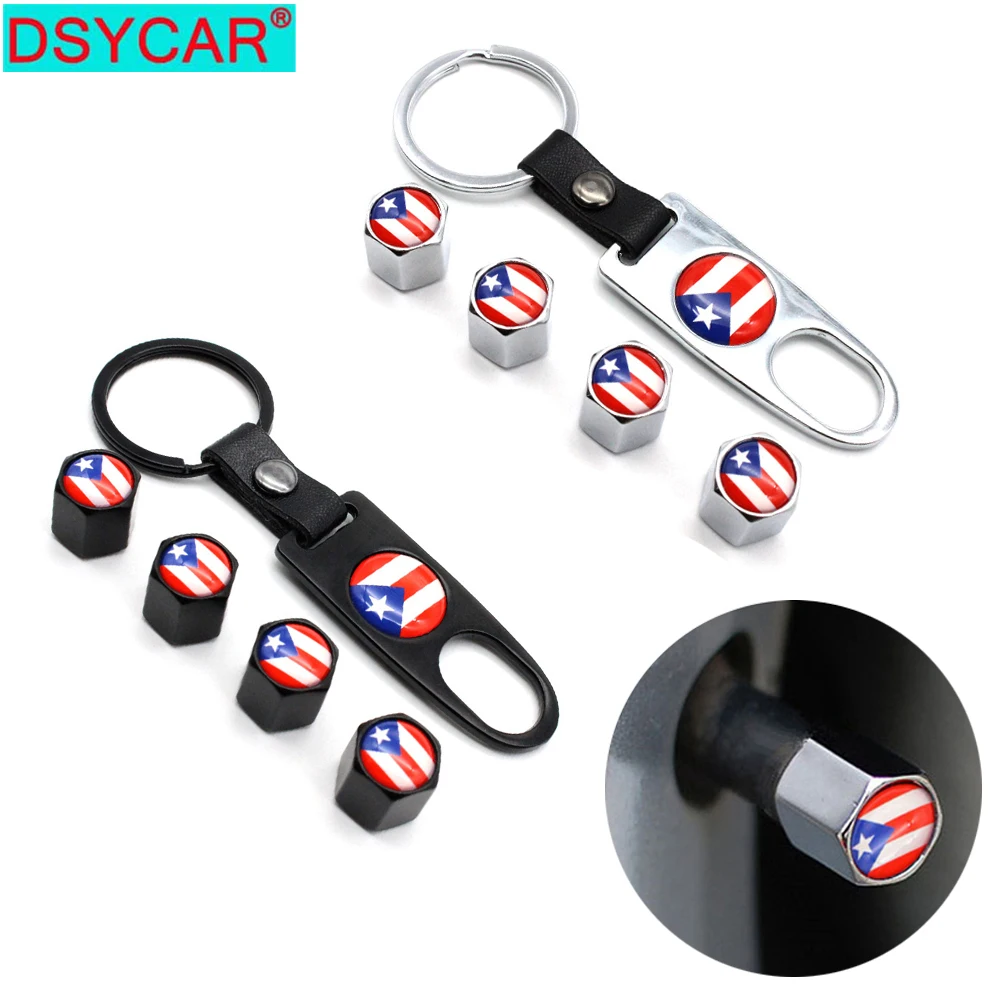 

DSYCAR 4Pcs Zinc Alloy Puerto Rico flag Car Wheel Tire Valve Caps Air Cover+1Pcs Leather Buckle Wrench Car Styling Accessories