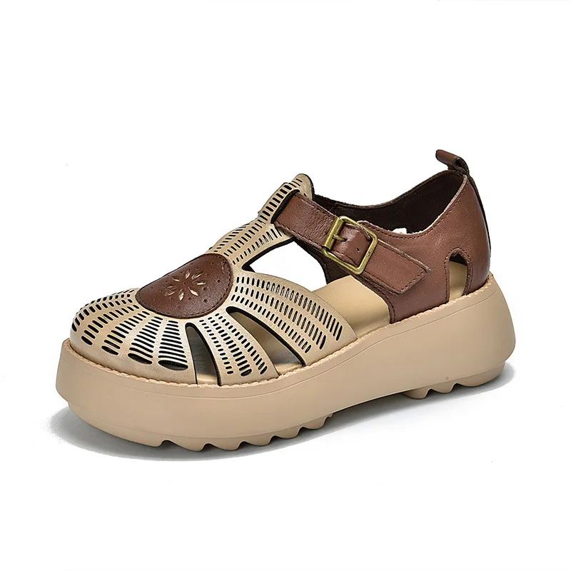 

Birkuir Retro Women Sandals Hollow Out Summer Genuine Leather 2021 New Handmade Mixed Colors Wedges Buckle Strap Platform Shoes