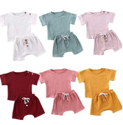 

New 0-24M Baby Girls Boys Botton Clothes Outfits Cotton Summer Kids Short Sleeve Tops T-Shirts+Shorts Suits