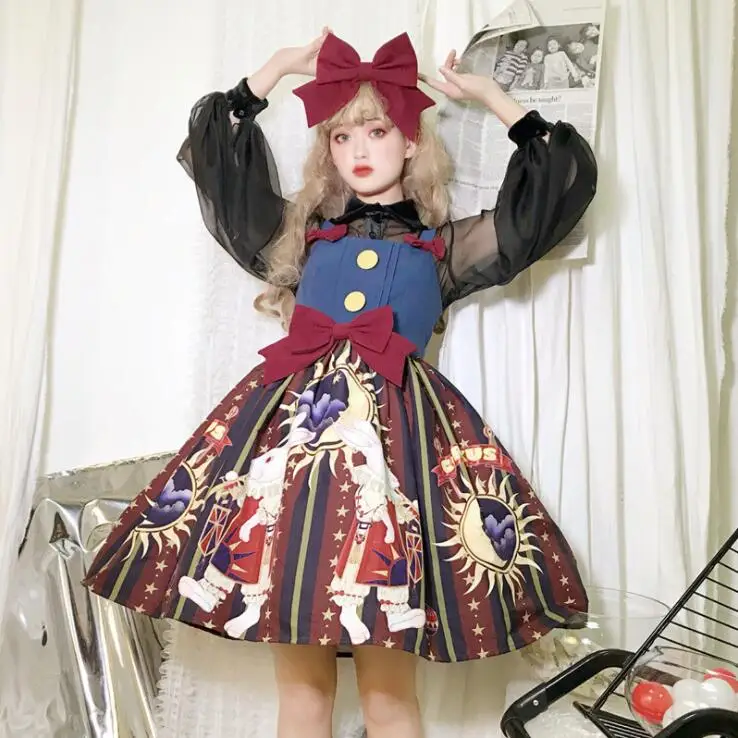 

Vintage temperament sweet lolita dress cute bowknot printing high waist victorian dress kawaii girl gothic lolita jsk loli cos