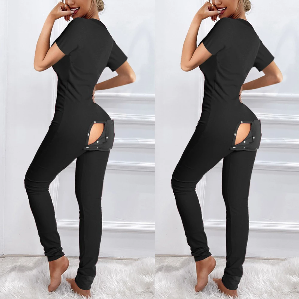 

Women Casual Sexy Jumpsuit, Black Solid Color Short Sleeve V-neck One-piece