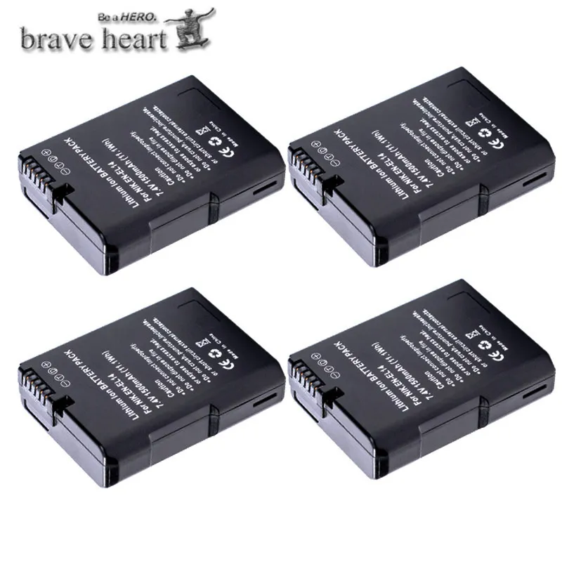 4battery Brave сердце 1500 мА/ч, ENEL 14 EN-EL14A EN-EL14 RU EL14 EL14A EL14+ Батарея пакет для Nikon D5200 D3100 D3200 D5100 P7000 P7100 - Цвет: 4battery