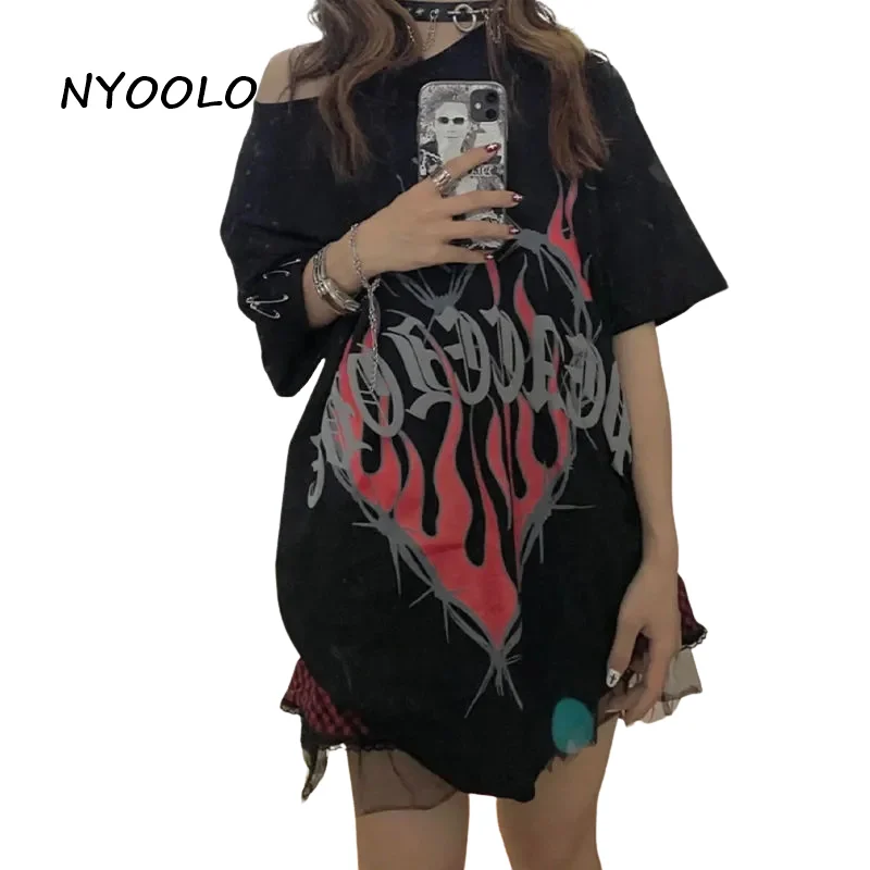 

NYOOLO Harajuku Hip Hop Streetwear Flame Heart Letters Print Short Sleeve Goth T-Shirt Women Men Summer Punk Y2K Black Tops Tee