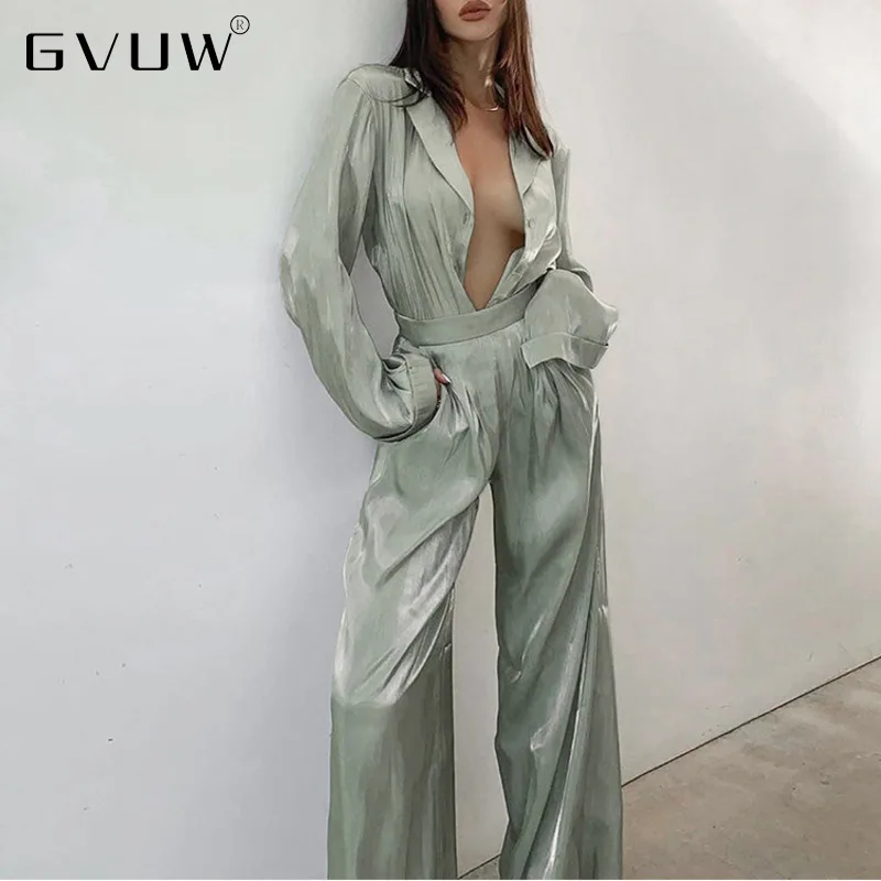 

Женский комплект из двух предметов GVUW, свободная рубашка из сатина и искусственного шелка, Блестящий Модный костюм большого размера с широк...
