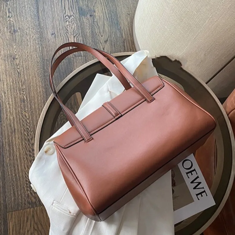 

100% Real Leather Casual Big Tote Bags Women High Capacity Travel Shoulder Sling Bags Vintage Solid Color Brown Lady Handbags