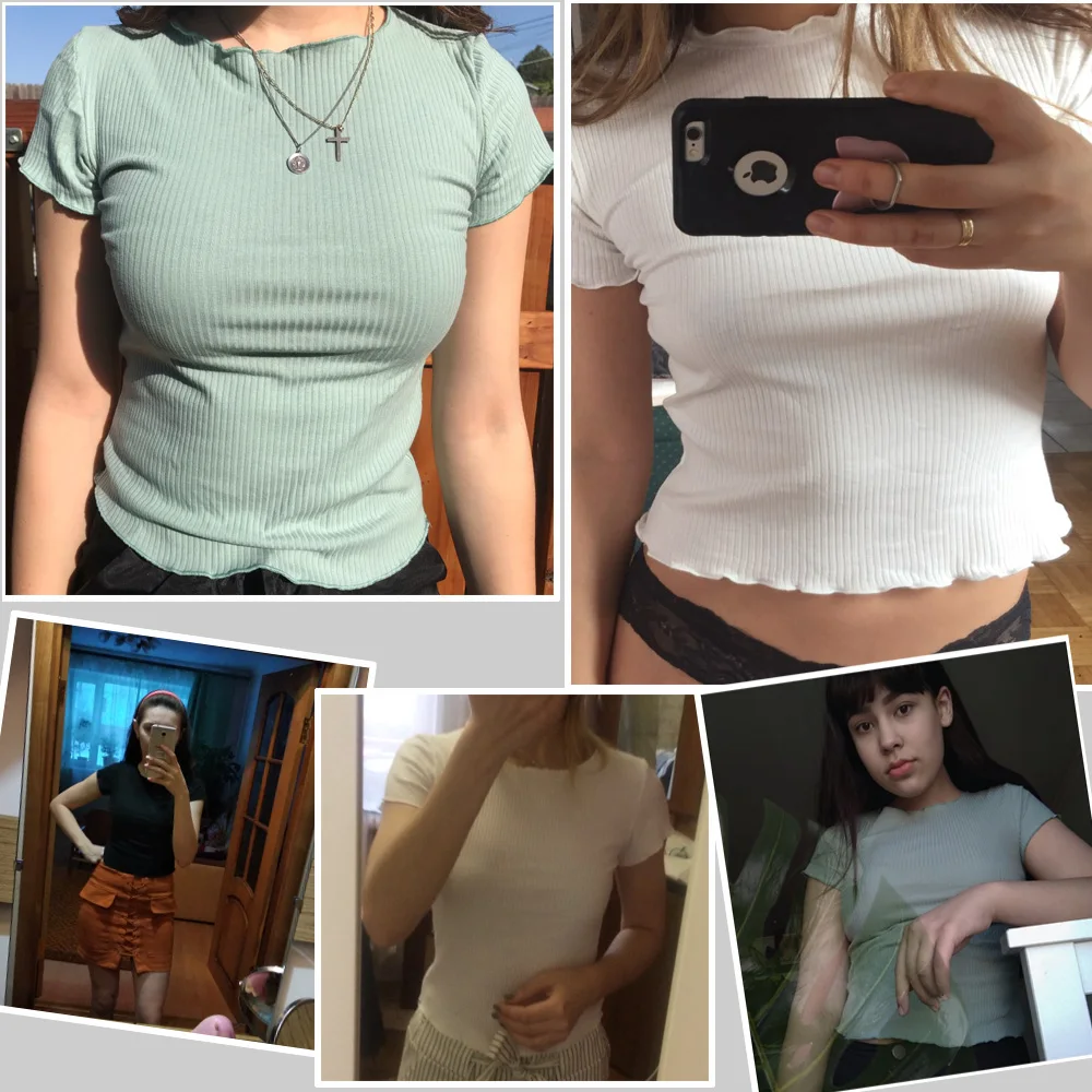 

Women Tees Ruffled Trimmings Ribbed Crop Tops Soft And Stretchy Short Sleeve T-shirts Basic Cropped Top Camiseta