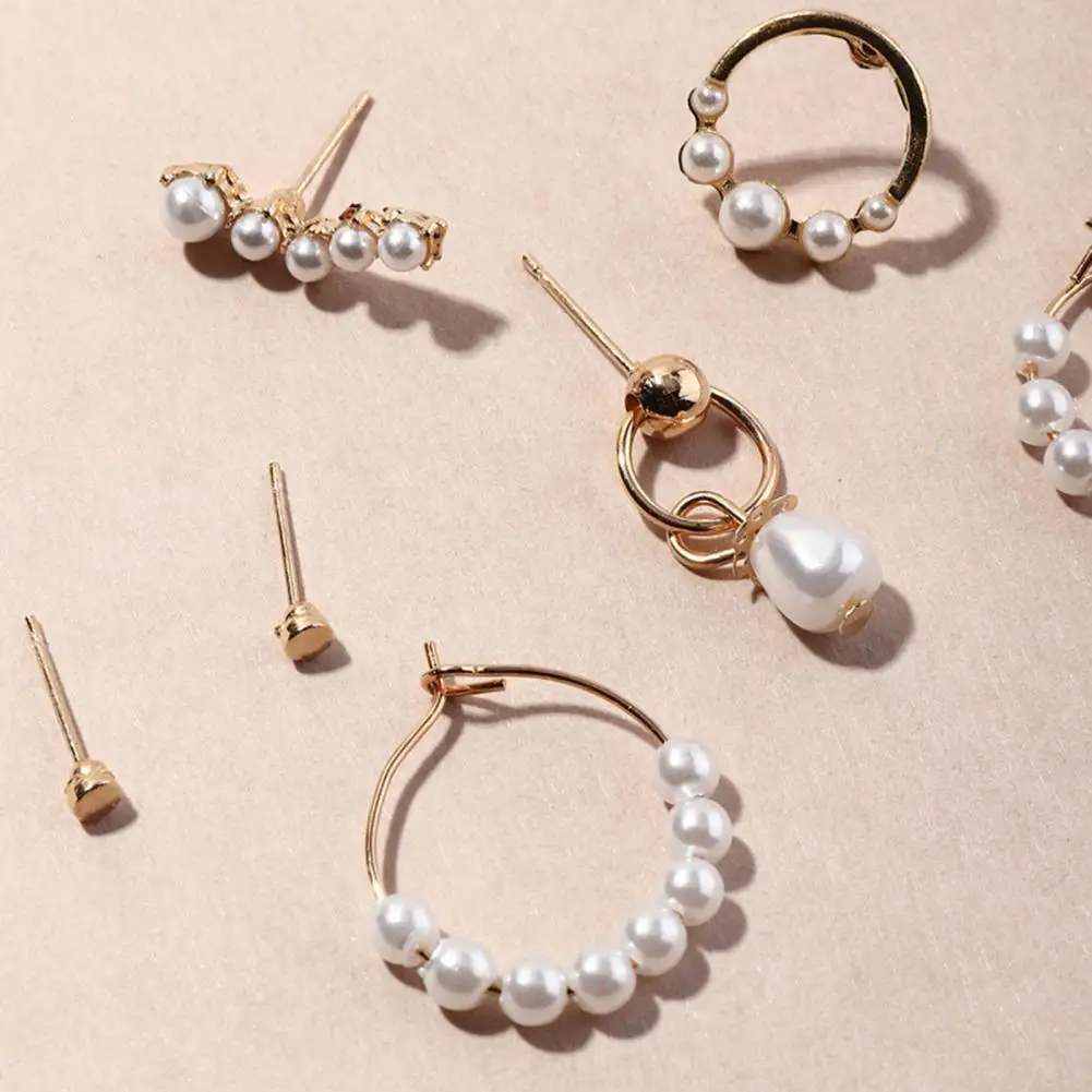 

7 Pairs Korean New Handmade Elegant Pearl Crystal Cute Hoop Earrings For Women Students Circle Boucle Jewelry Gifts