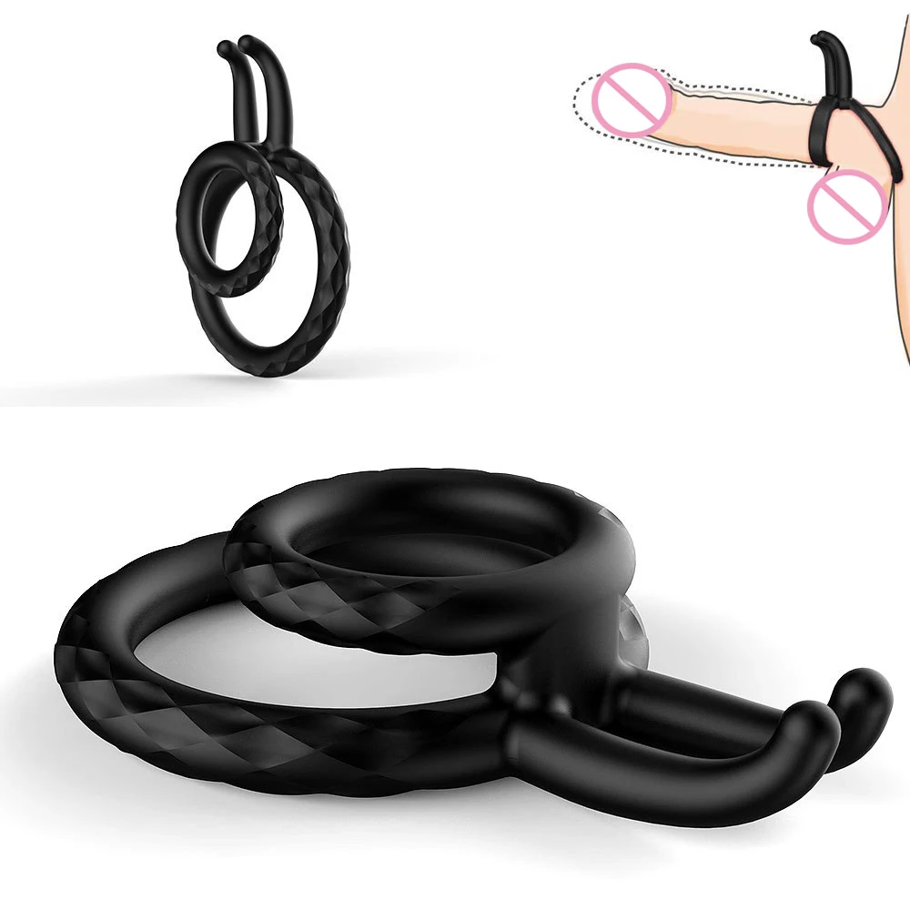 

Silicone Double Penis Ring Cock Cage Male BDSM Bondage Ejaculation Delay Lock Ring Chastity Device Belt Sex Toys For Men Gay