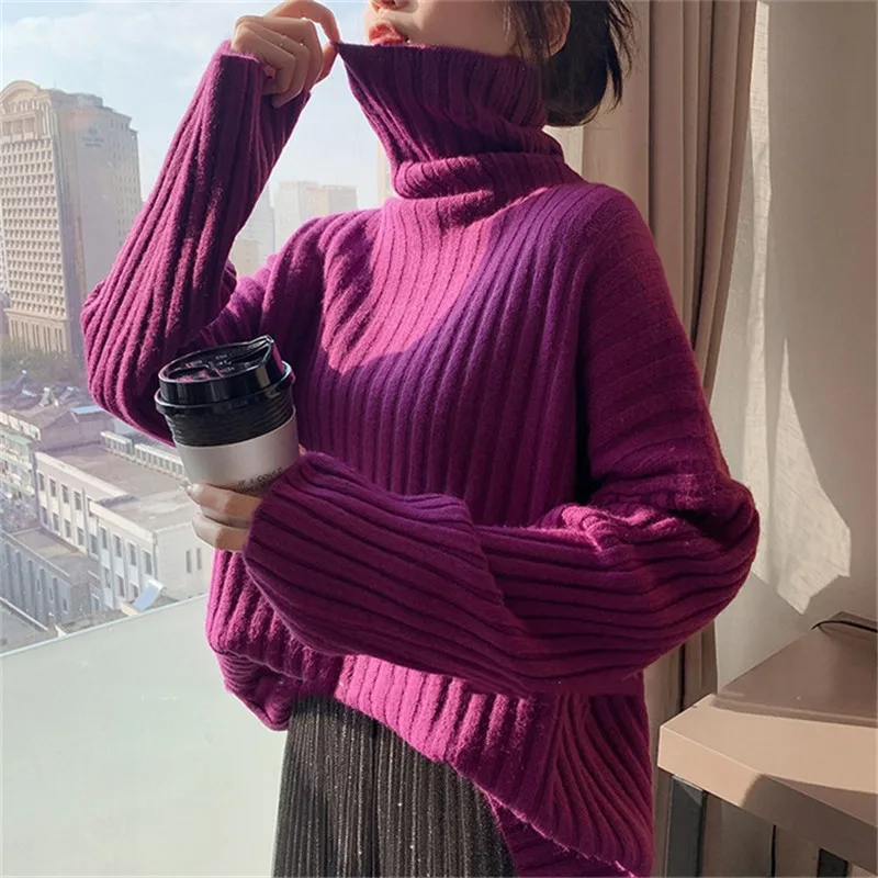 

2020 Autumn And Winter New Candy Color Fashion Solid Color Two Turn High Neck Pullover Sweater Women Loose Knit Sweater Top C279