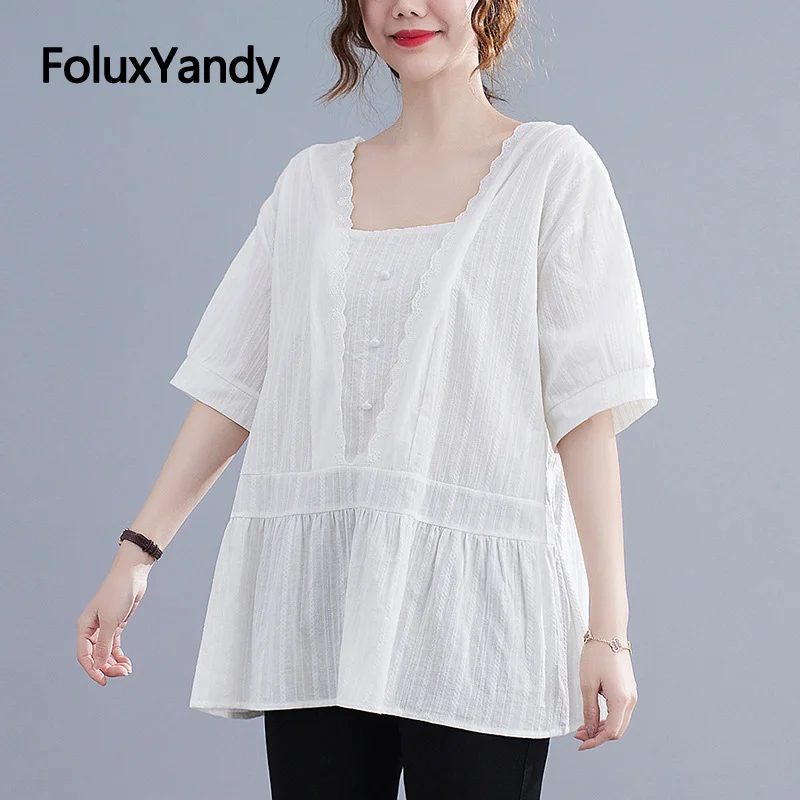 

V-neck Summer Tops Women Short Sleeve T-Shirt Plus Size 3 4 5 XL Casual Lace Loose Tops White Black NQYL210