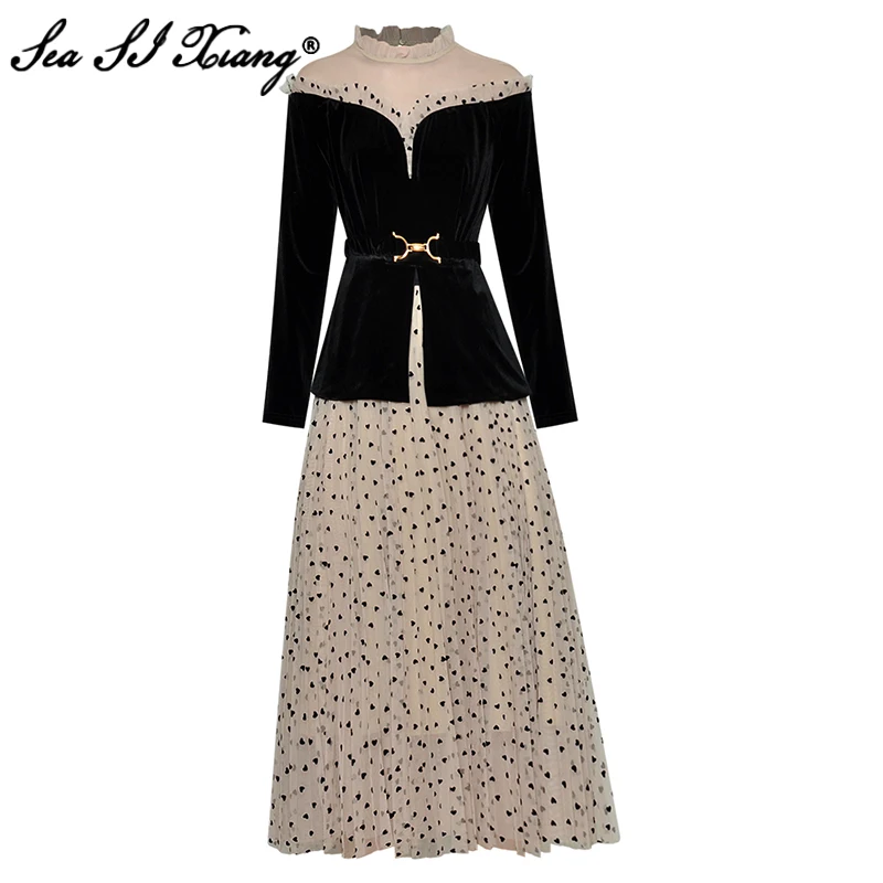 

Seasixiang Fashion Designer Autumn Suit Women Stand Collar Long Sleeve Sashes Velvet Top + Print Mesh Skirts Two Pieces Set