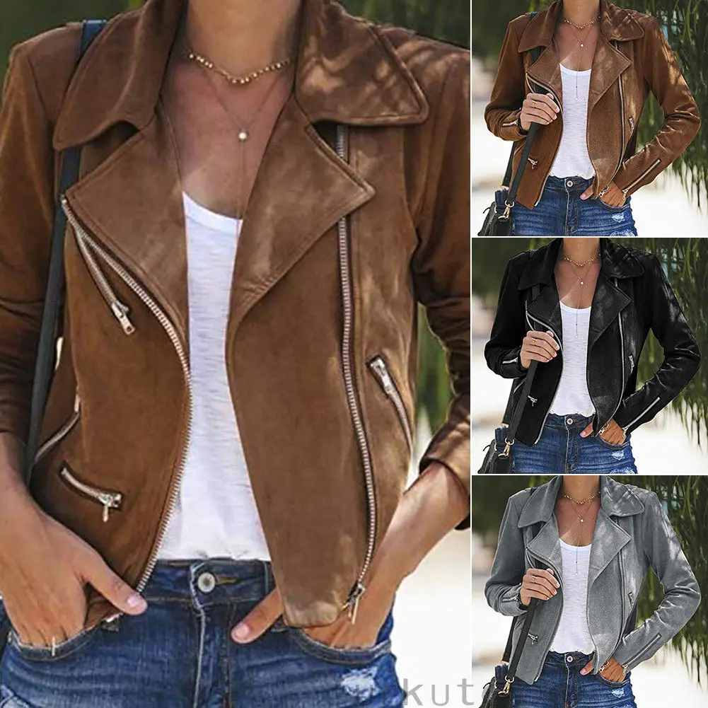 

VS&LLWQ Biker Women Solid Color Lapel Long Sleeve Zip Up Short Jacket Coat Ladies Streetwear Ladies Jacket Slim Short Coat