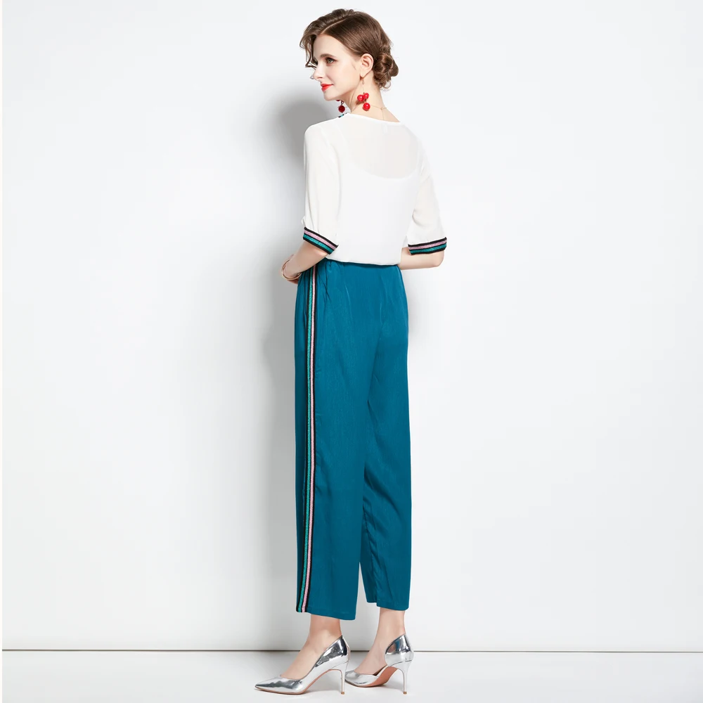 

2021 Summer New Fashion Women Casual Two Piece Outfits Short Sleeve White Shirt and Wide Leg Pants Suit Sets