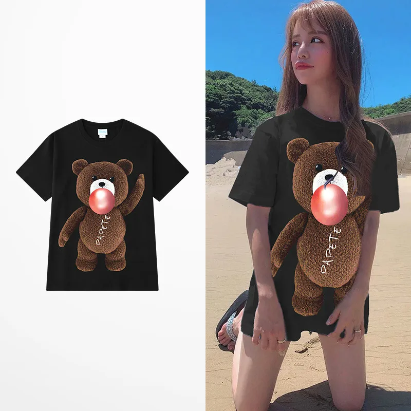 

2020 New Fashion Caretoon Bear Print Tide Brand T-shirts Men Hip Hiop Skateboard Summer T Shirt Male Lovers Couple Top Tee