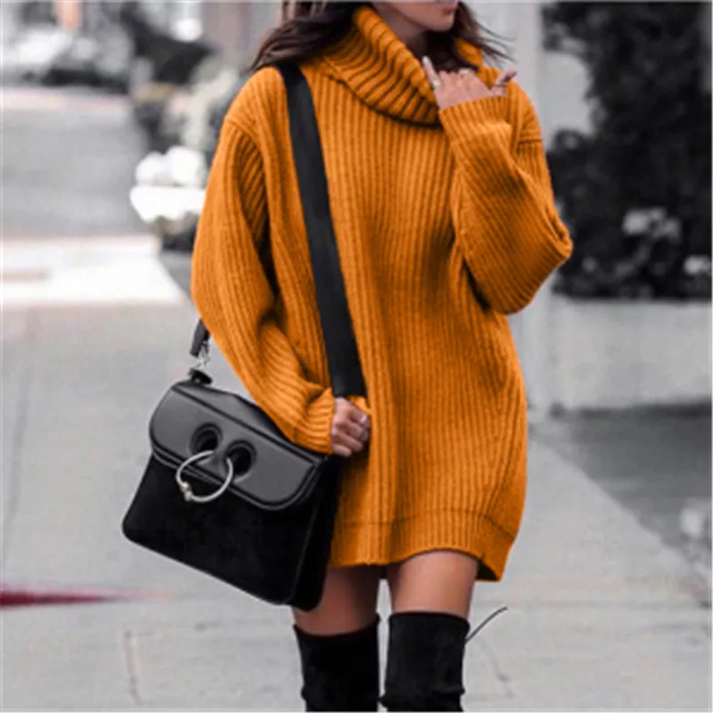

Women Turtleneck Knitted Dress Autumn Winter New Elegant Casual Long Sleeve Mini Dress Solid color Loose Side Sexy Dresses Mujer