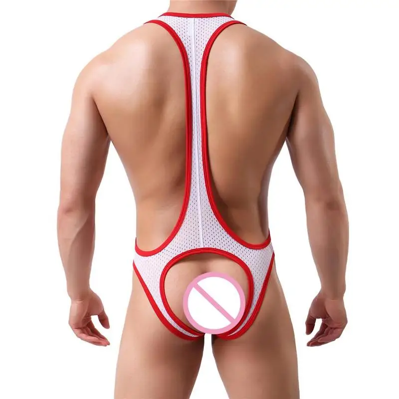 Mens Undershirts Mesh One-Piece Bodysuits Leotard Wrestling Singlet Backless Jumpsuit Hombre Underwear Male Penis Pouch Briefs