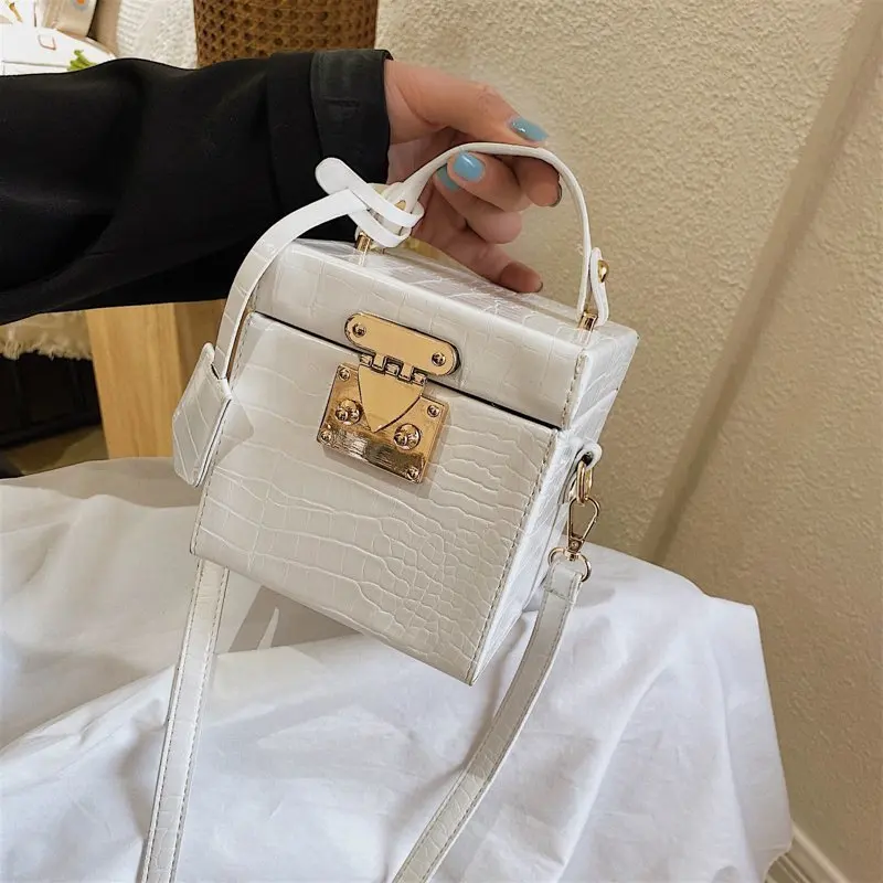

Square Box Vintage Leather Bags for Women 2020 New Luxury Handbag Stone Pattern Lock Hard Fashion Casual Upscale Crossbody Bag