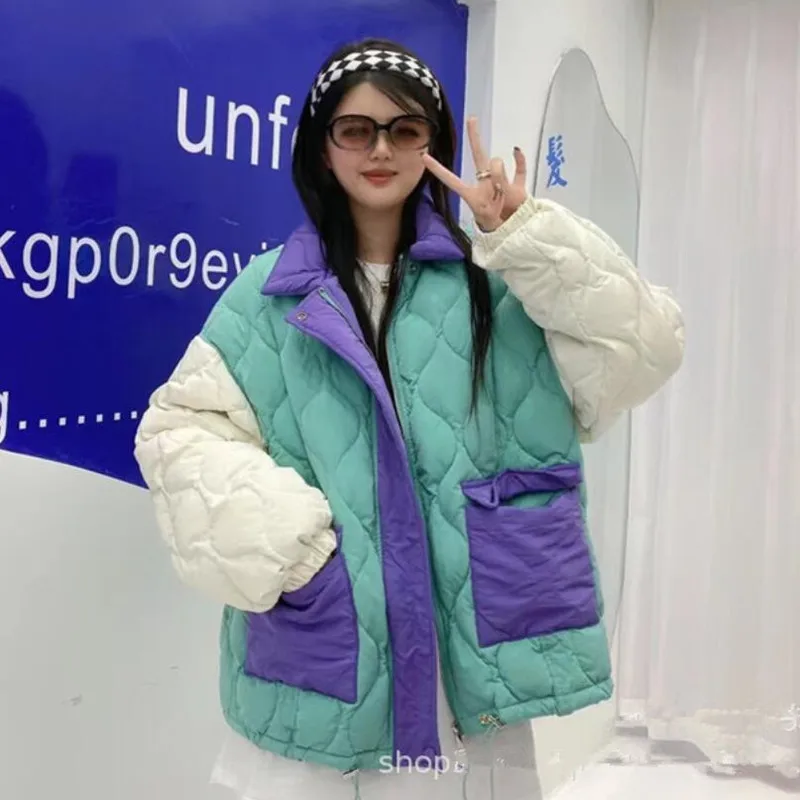 

Женский пуховик в клетку с контрастными бриллиантами, новая зимняя Корейская Свободная куртка с воротником-стойкой, 90% пуховик на белом ути...