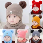 Шапка-бини и шарф для мальчиков и девочек, однотонные плюшевые шапки и шарф, теплые зимние комплекты из 2 предметов