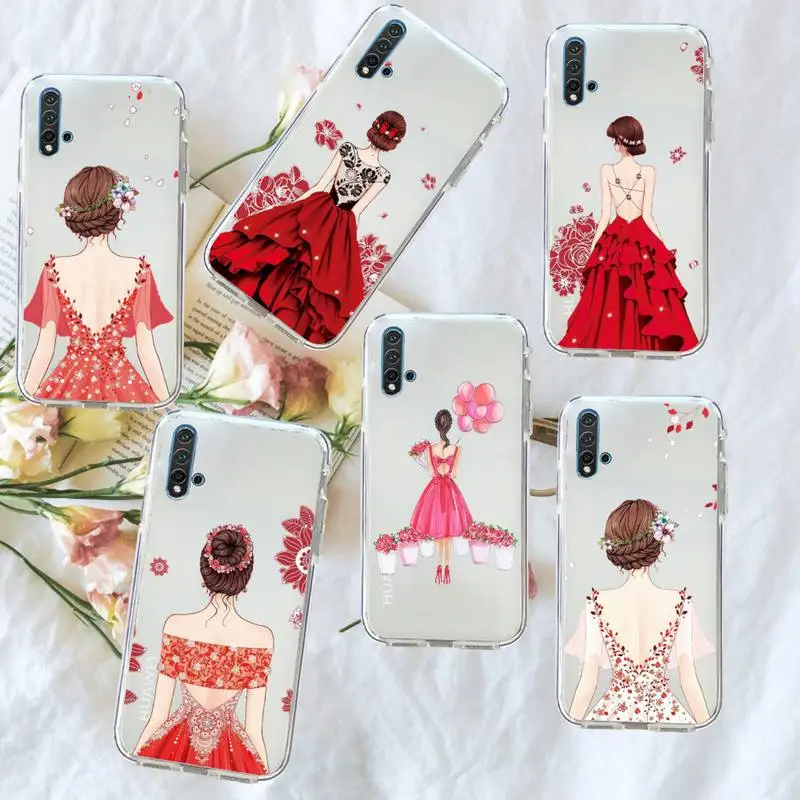 

red dress girl weeding cartoon Phone Case Transparent for Huawei honor P mate Y 20 30 40 10 8 5 6 7 9 i x c pro lite prime smart