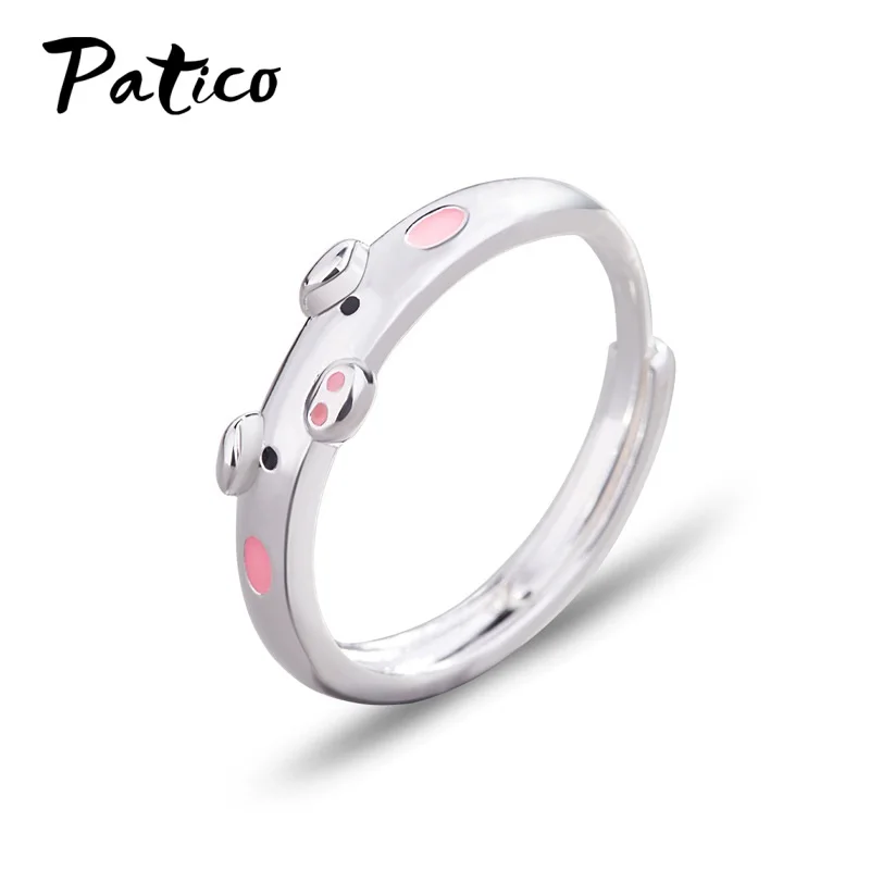 Кольцо женское розовое регулируемое серебряное в виде свиньи | Украшения и