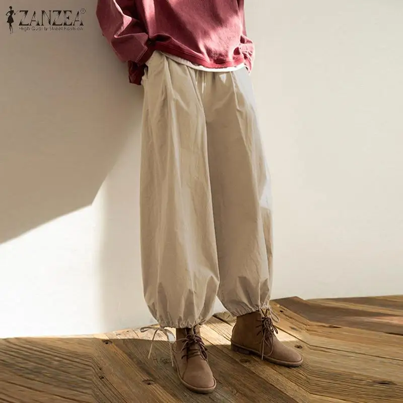 

Модные брюки-карго, женские осенние брюки ZANZEA 2021, повседневные длинные брюки с эластичным поясом, Женские однотонные брюки палаццо с резьбо...