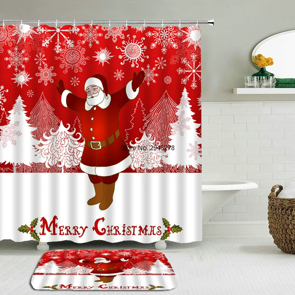 

Merry Christmas Bathroom Curtains Set Snowman Santa Bell Elk New Year Waterproof Shower Curtain Toilet Cover Mat Non-Slip Rug