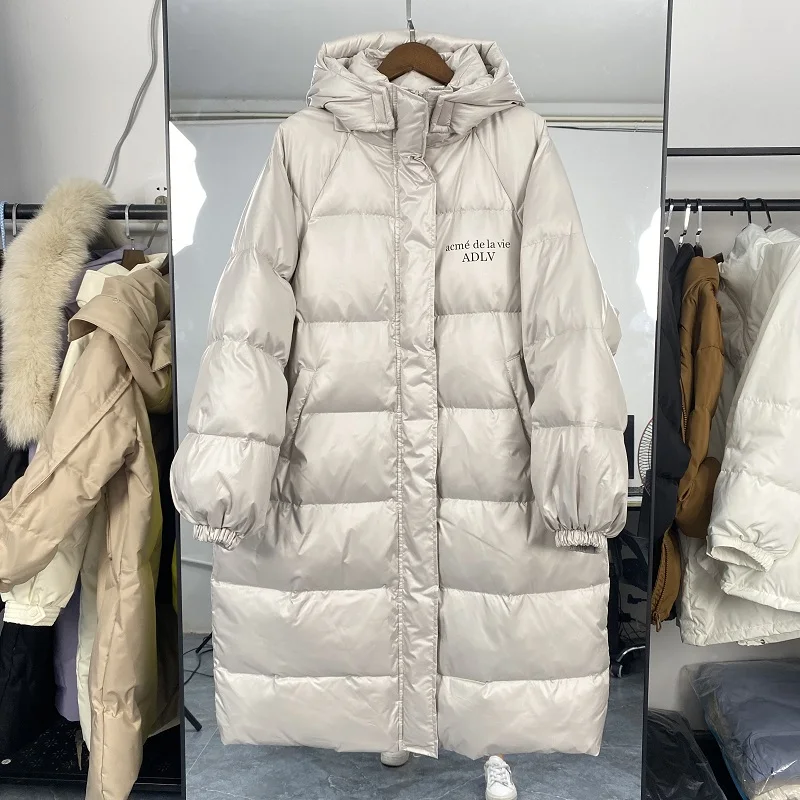 New Thick Down Jacket Women's Long Overcoat Parka 2021 Winter Loose Hooded White Duck Down Coat Female Warm Casual Jackets s1243