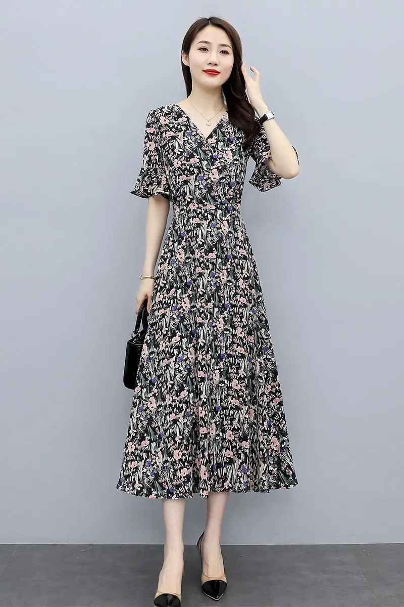 

Women Korean Dress Fashion One Piece Summer 2021 New Office Lady Floral Print Short Sleeve Chiffon Zipper V-Neck Dresses