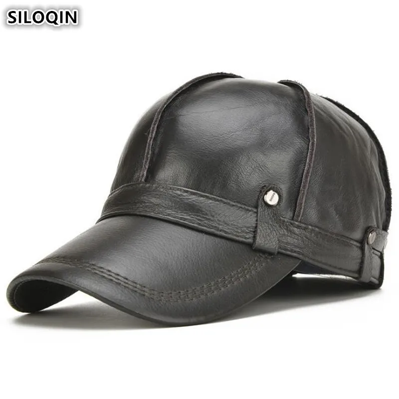 

SILOQIN Snapback Hats Men Warm Leather Cap Cowhide Baseball Caps 2020 Novel Men's Genuine Leather Hat Adjustable Size Brands Cap