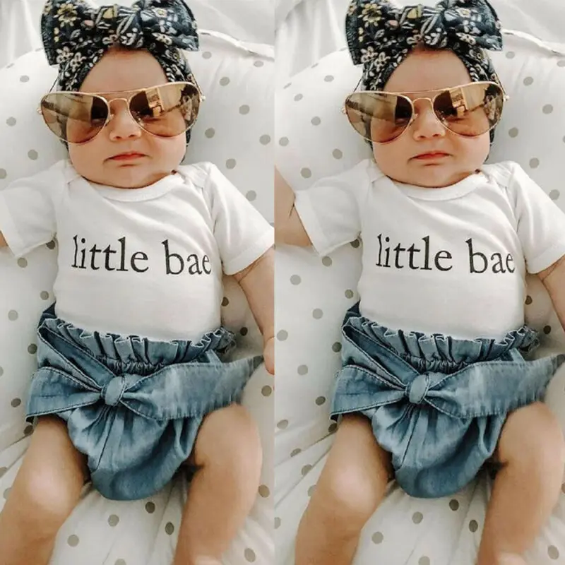 Одежда для новорожденных девочек; боди с короткими рукавами и принтом «Little Bae»; джинсовые шорты; повседневная одежда