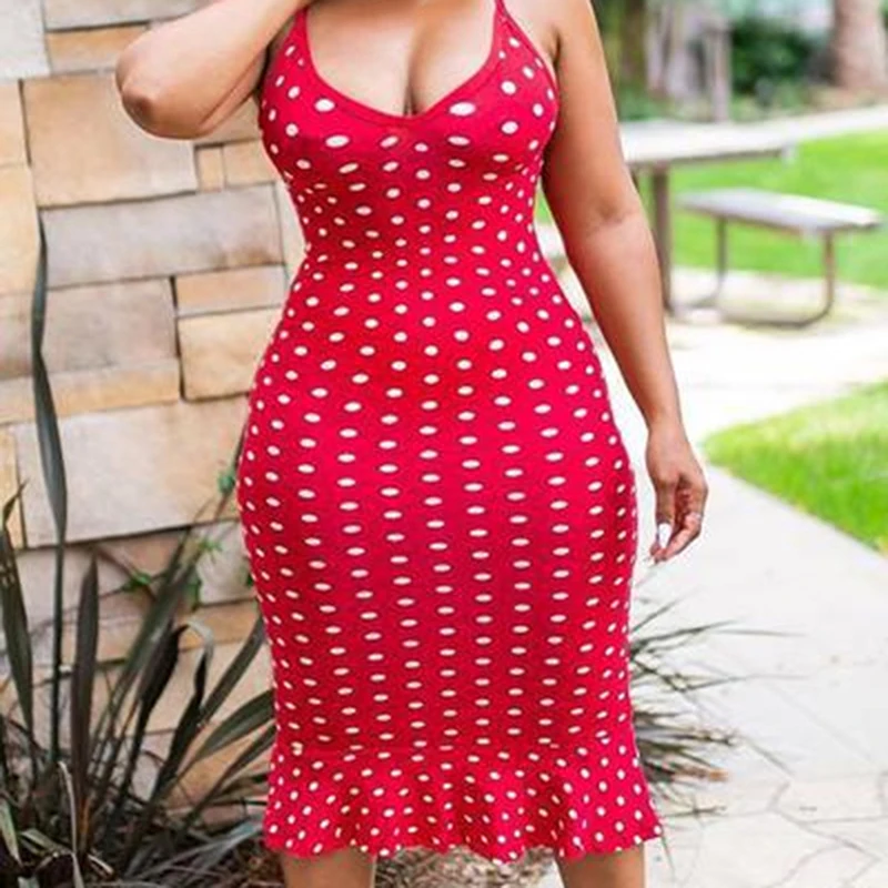 

Summer Women Dress Boho Beach Fashion Ruffled Hem Strap Polka Dot Print Dress Sexy Sleeveless Deep V Neck Party Dress