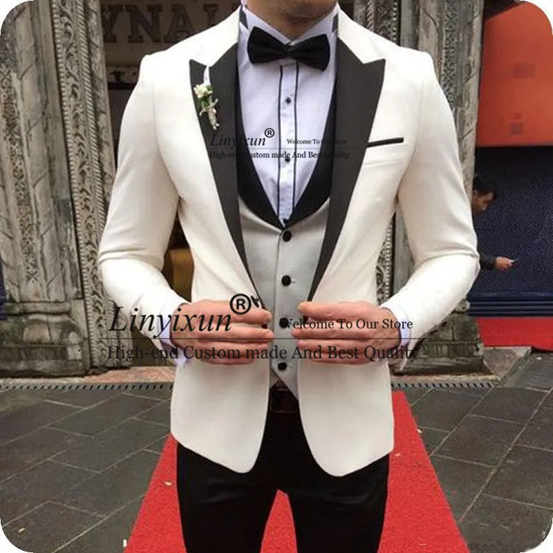 

Ivory Suits For Wedding Groom Tuxedo Black Peak Design Man Outfit Tailored Bridegroom Attire Best Man Blazer Terno Masculino