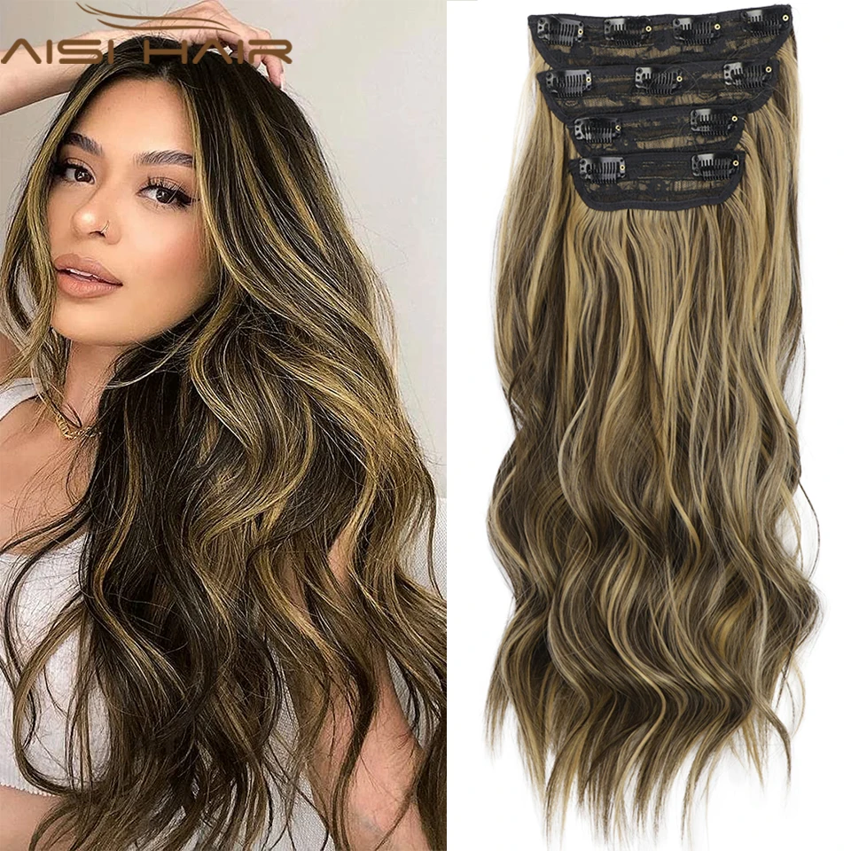 

AISI HAIR Long Wavy Hair Extensions Ombre Honey Blonde Clip In Hair Extensions Synthetic Thick Hairpieces