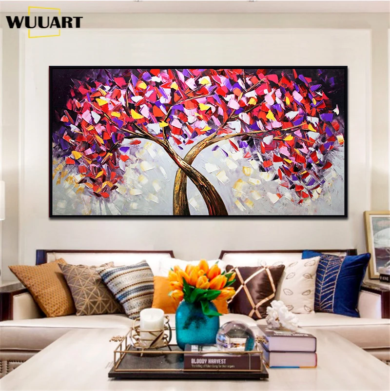 

Hand-painted decorative paintings sofa background wall painting abstract tree knife painting custom wall art paintings no framed