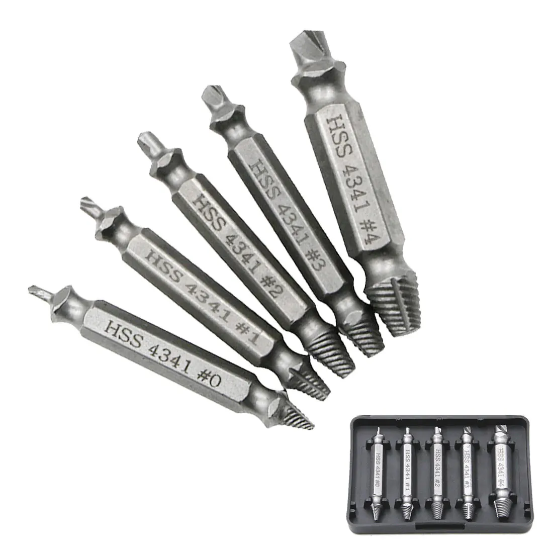 

Guide Broken Speed Out Bolt Stud Stripped Screw Remover Tool 5pc HSS 4341 Damaged Screw Extractor Drill Bit for Screw/Water Pipe