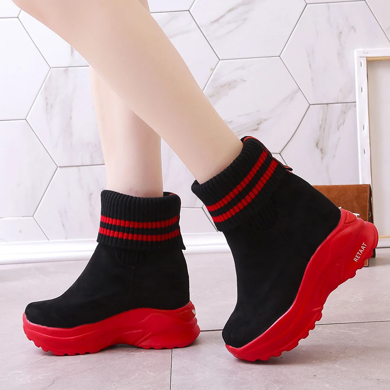 

Winter New Women's Boots Suede Knit Mid-heel Short Boots Thick-soled Waterproof Casual Shoes Outdoor Non-slip Warm Snow Boots