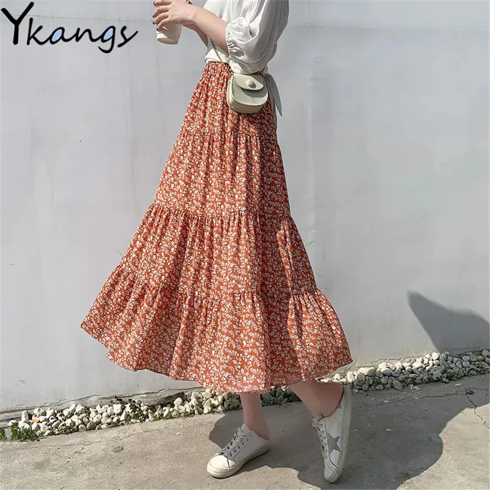 

Шифоновая плиссированная юбка с цветочным принтом, винтажная Тюлевая Длинная женская юбка с высокой талией, свободные женские юбки с зонти...