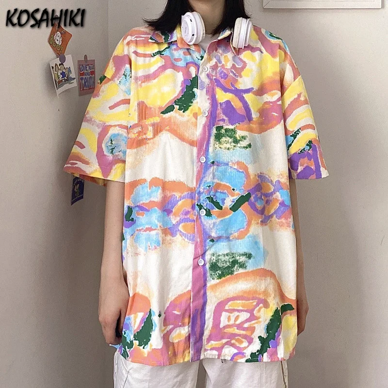 

KOSAHIKI Харадзюку уличная одежда «вареный» короткий рукав Свободная блузка Y2K универсальные рубашки Для женщин мужчин летняя одежда в стиле «...