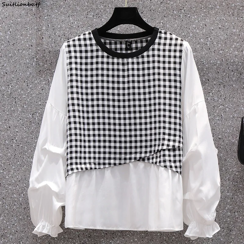 

4XL Plaid Blouses Women Fake Two Piece Long Sleeve Oversized Shirt 2022 Spring Autumn Korean Pullover Plus Size Chiffon Tops