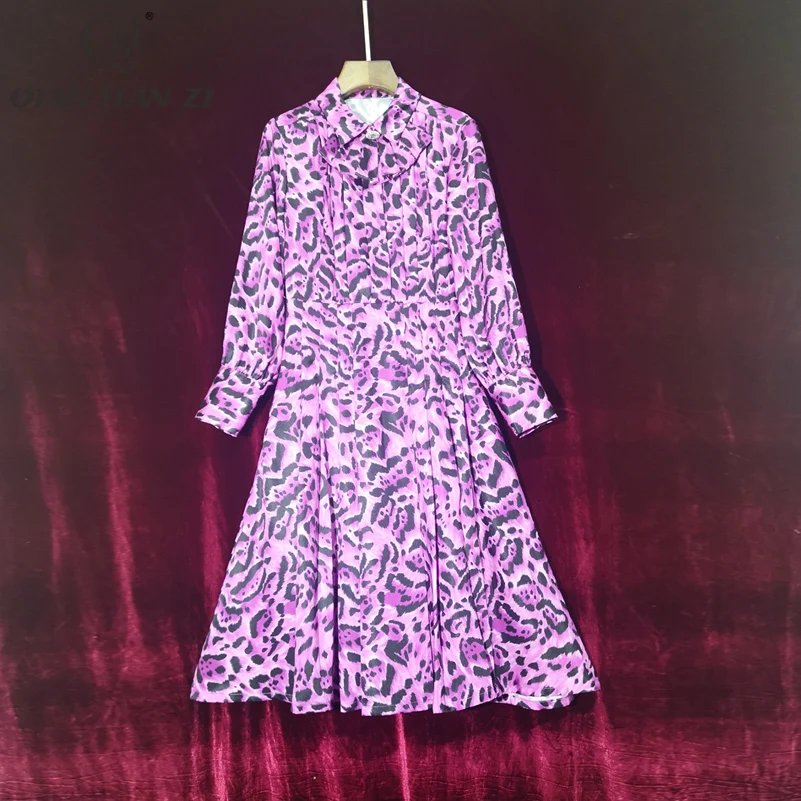 

Qian Han Zi 2020 дизайнерское подиумное женское платье с отложным воротником с длинным рукавом РЕТРО ПРИНТ тонкое леопардовое фиолетовое элегант...