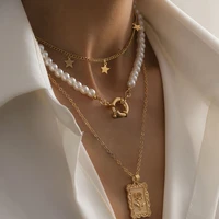 multilayer pentagram rose flower pendant necklace ladies vintage imitation pearl beaded gold color necklaces girls jewelry gift