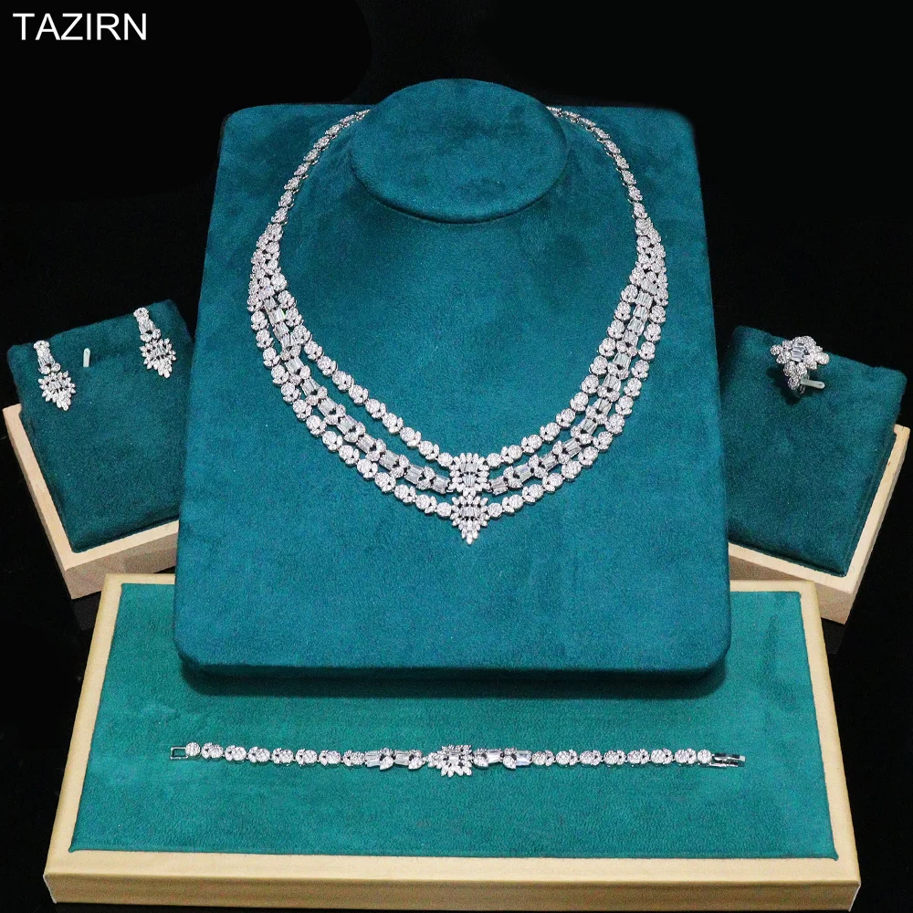 

New Luxury AAA Full Zircon Wedding Jewelry Set for Women 3 Layers CZ Dubai Nigeria Birthday Necklace Earrings Bracelet Ring