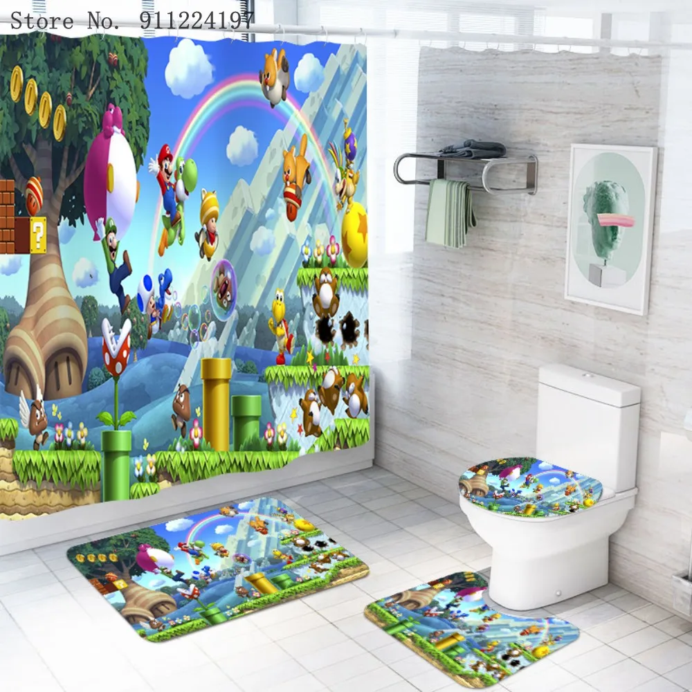 3D Cartoon Game Brothers 4 Pieces Shower Curtains With 12 Hooks Pedestal Rug Lid Toilet Cover Bath Mat Set For Bathroom Decor enlarge