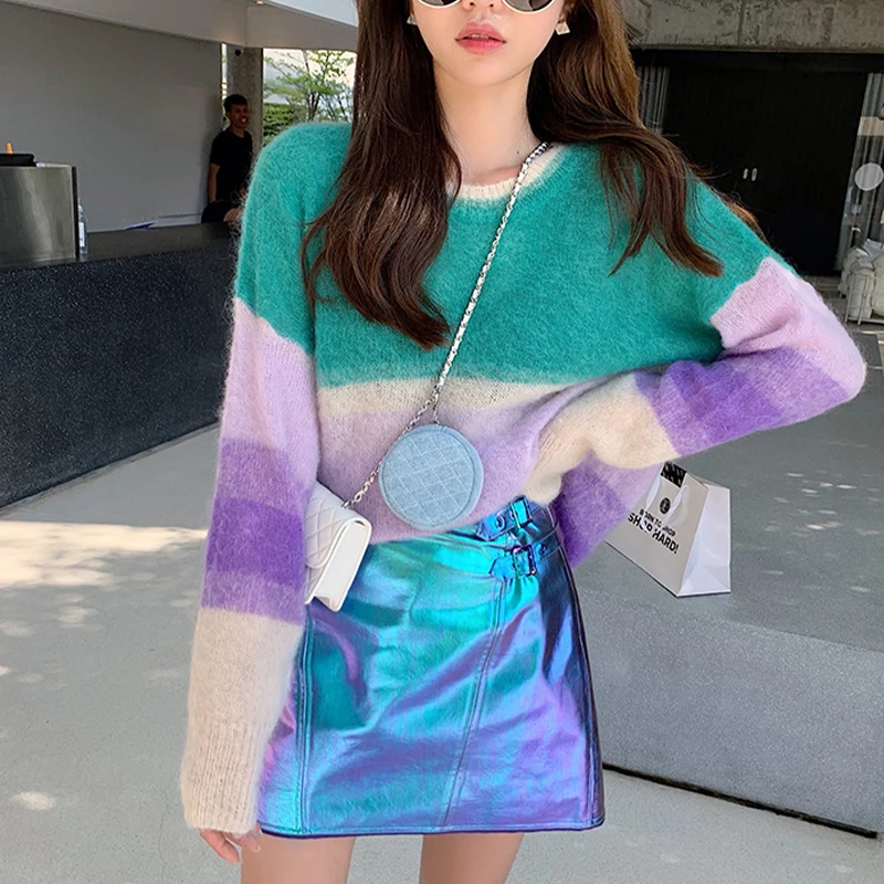 

Vintage Sweater Pullover Stripes Rainbow Knitt Women 2021 Autumn New Loose color Matching Knitted Sweater Women Tops 830A